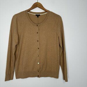 Talbots Button up Cardigan Sweater‎ Size Petite L Tan Crew Neck Preppy